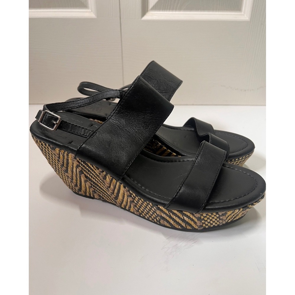Lucky Brand Black Leather Woven Chevron Wedge Sandals Womens 8.5 M Strappy Boho